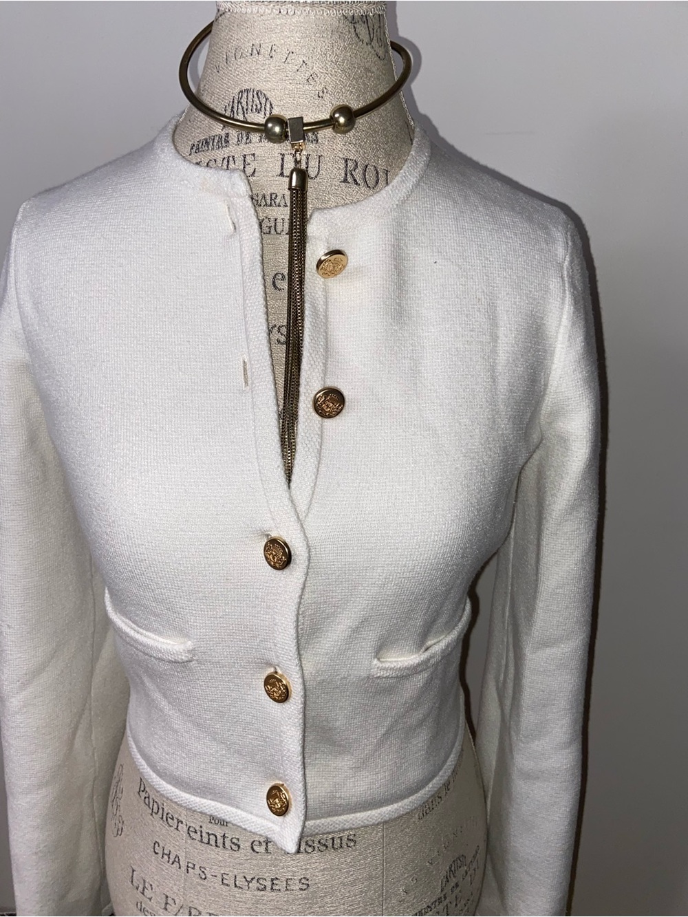Abercrombie & Fitch White Textured Button Cropped Blazer with Gold Buttons